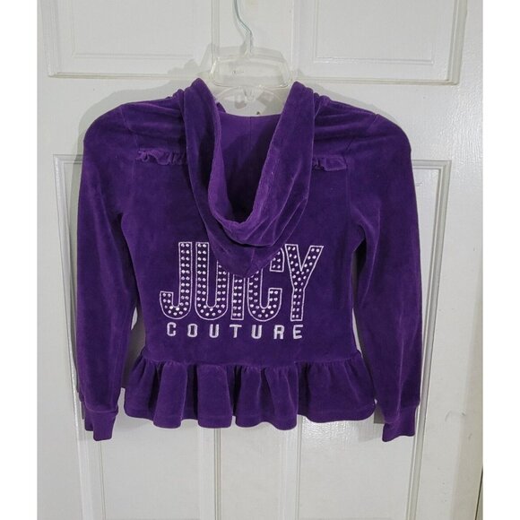 Juicy Couture Girls Purple Velour Full Zip Hoodie Studded Ruffled Hem Size 7 - Picture 9 of 11
